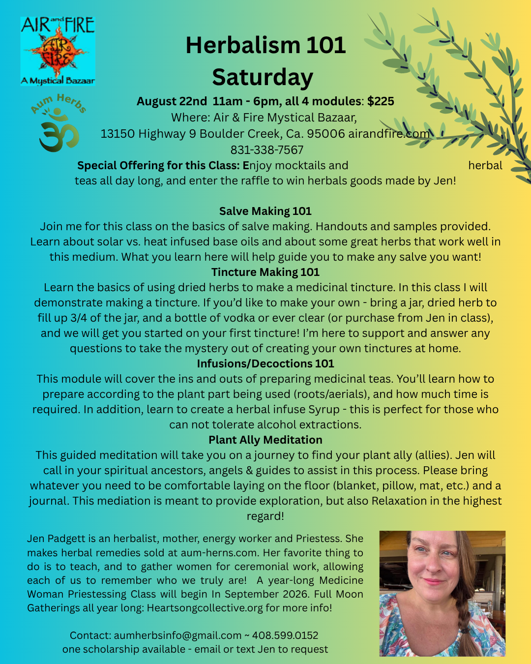 A flyer for a Saturday herbal medicine class titled 'Herbal Medicine 101' by Jen! with a yellow and green botanical design, contact information, and class details.