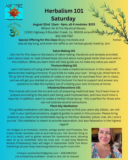 A flyer for a Saturday herbal medicine class titled 'Herbal Medicine 101' by Jen! with a yellow and green botanical design, contact information, and class details.